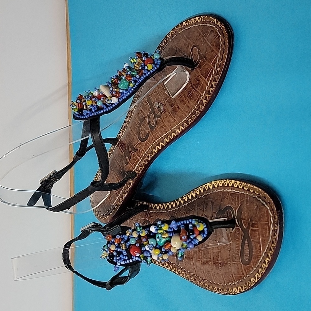 Sam Edelman Gigi Beaded Shell T Strap Flat Sandal Leather Thong Ankle strap